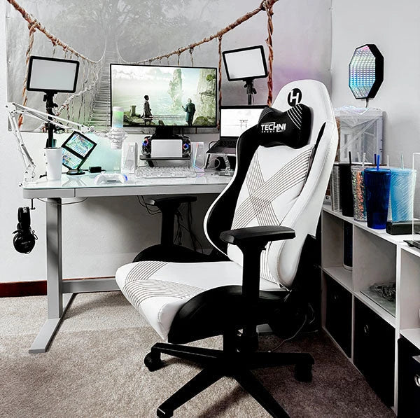 ergonomic gaming chair in a white gaming setup