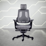 A gray ergonomic office chair with a mesh back and headrest, adjustable armrests, and a five-wheel base.