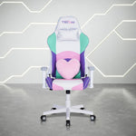 Front view of the kawaii gaming chair, this is a cute gaming chair with personality! White white pink ande purple colors to match kawaii gaming setups It also includes a fluffy heart pillow as a lumbar pillows and a gorgeous iridescent trim.