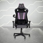 Front view of the technisport cat gaming chair of your dreams in all black. It features clip on cat ears and clip on tail. It also a fluffy plush headrest and lumbar pillow.