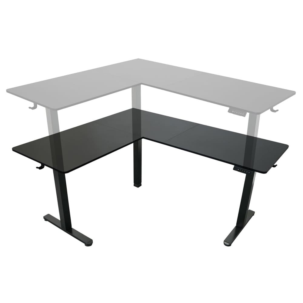 L-shaped black adjustable desk.