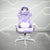 Front view of the purple cow gaming chair. This white and purple gaming chair features a white base, with white and purple cow print. The cow chair headrest pillow has grey horns and ears lined with fluffy white material and the lumbar pillow has matching fluffy white to compliment the design. Perfect for the most unique and purple gaming gaming setups. #purple