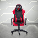 Red and black racing-style gaming chair with headrest and lumbar support pillows.