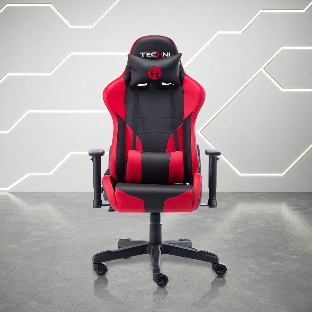 Red and black racing-style gaming chair with headrest and lumbar support pillows