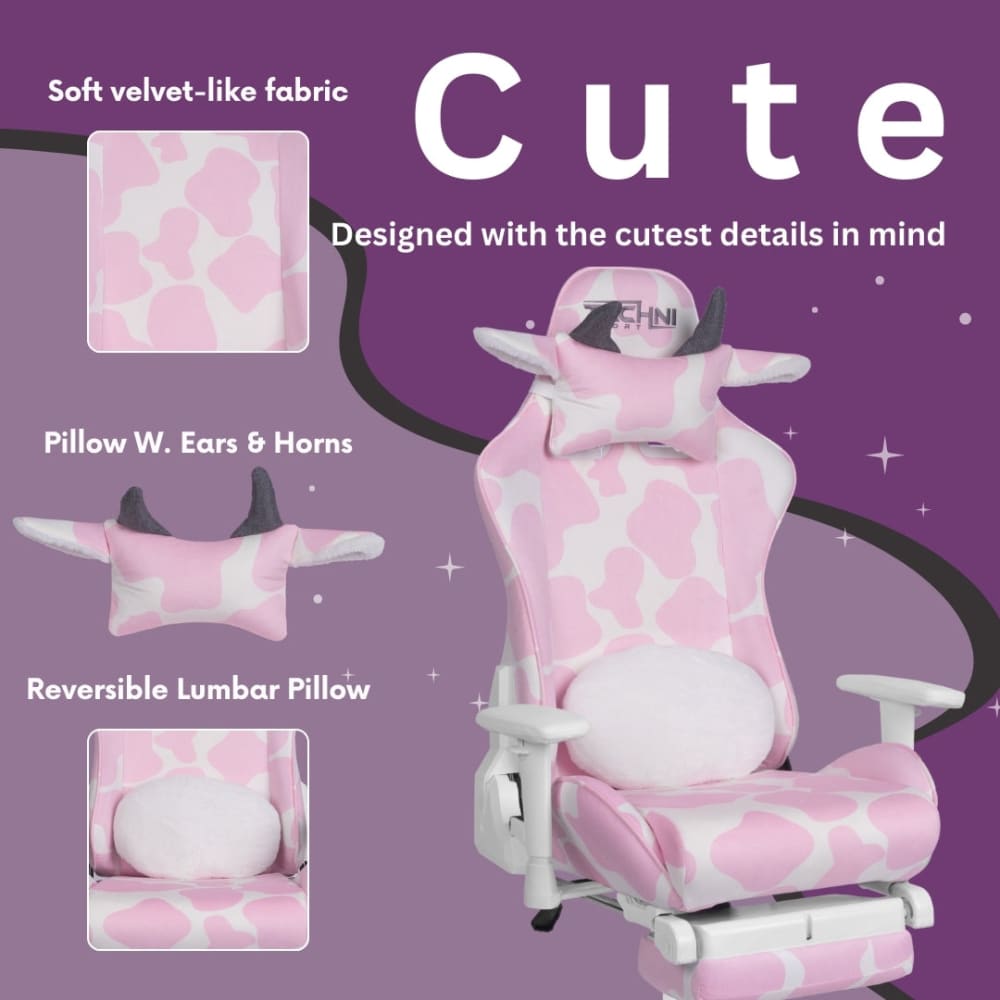 Pink and white cow-print gaming chair.