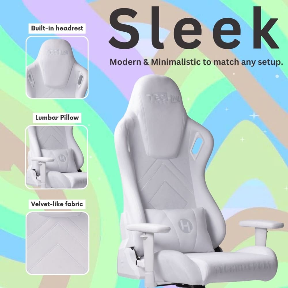 White gaming chair with built-in headrest and lumbar pillow.