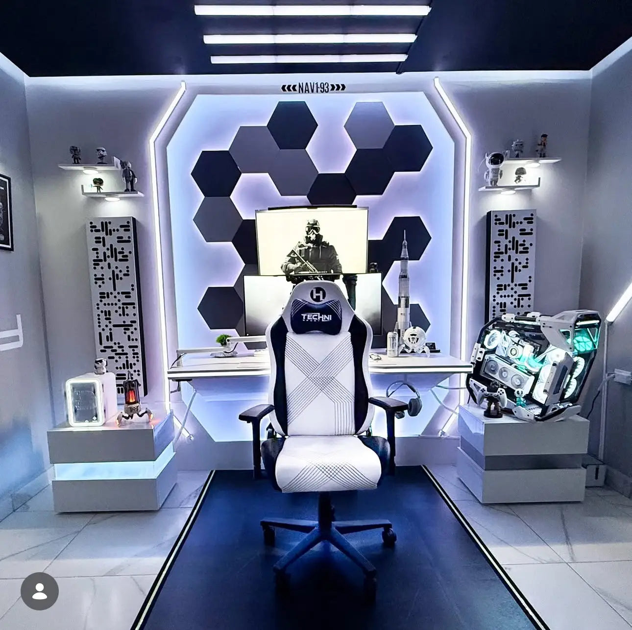 TechniSport ergonomic gaming chair in a modern cool gaming setup with LED lights and stylish game room décor, 2025 edition.