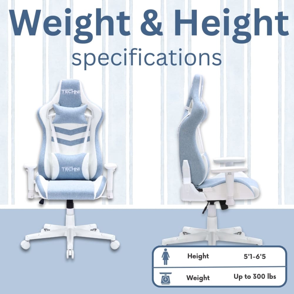 Blue and white gaming chair.