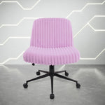 Pink ribbed velvet office chair with a black five-star base and casters.