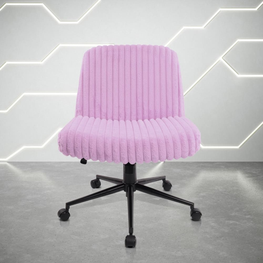Pink ribbed velvet office chair with a black five-star base and casters.