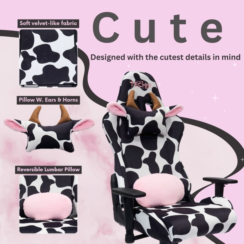 Cow-patterned gaming chair.