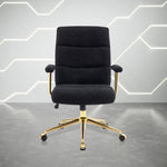 A black office chair with a textured, possibly bouclé, upholstery and a gold-finished five-star base with casters.
