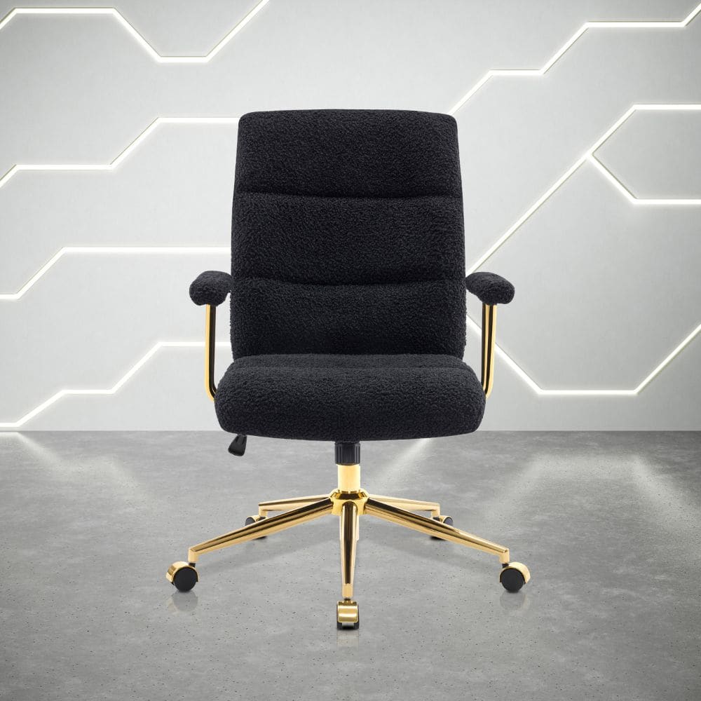 A black office chair with a textured, possibly bouclé, upholstery and a gold-finished five-star base with casters.