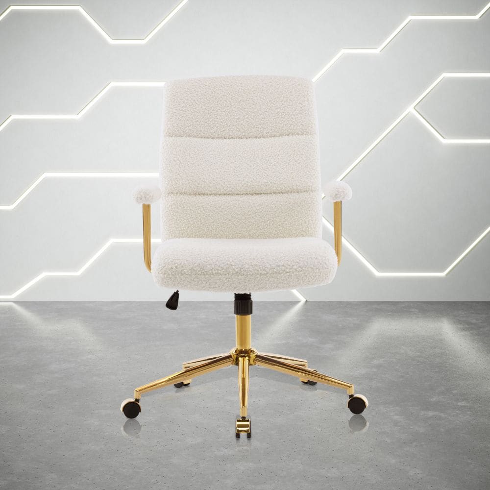 Cream sherpa office chair with gold base and casters