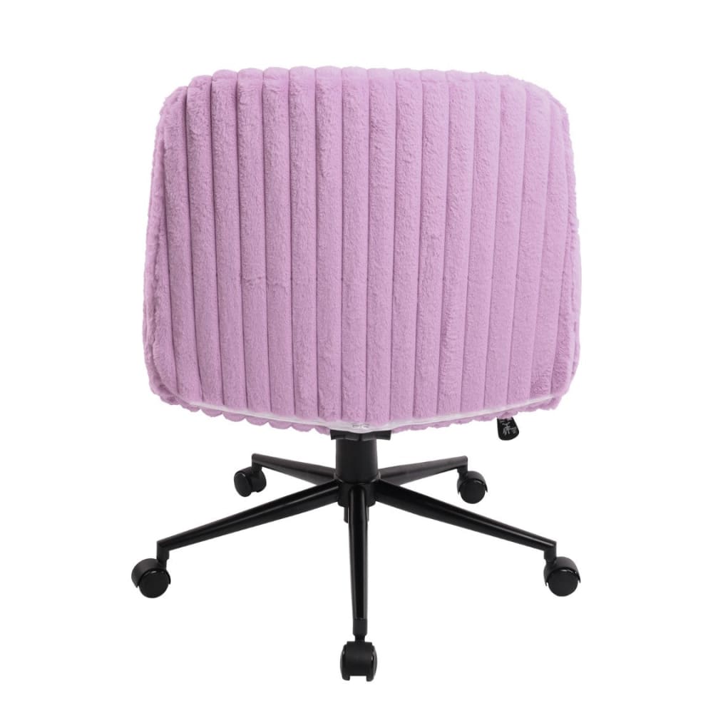 Back of purple criss cross chair with a five-star caster base and plush fabric.  