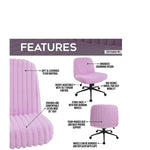 Pink ribbed corduroy office chair with adjustable height, swivel, and removable wheels.