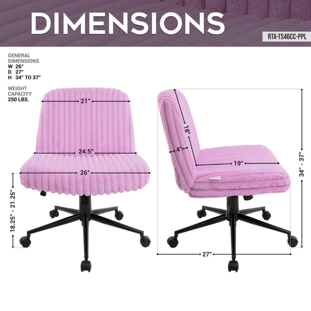 Pink corduroy office chair with casters and adjustable height.