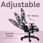 Cow print adjustable gaming chair  in recline position showing adjustable gaming chair features 
