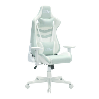 Angle View of Pastel Green Gaming Chair. This green gaming chair features a mint green fabric and white accents and hardware. The removable head rest pillow and lumbar support are both adjustable and removable. 