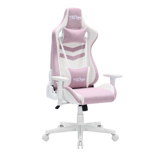 Angle View of Pastel Pink Gaming Chair. This pink gaming chair features a pink fabric and white accents and hardware. The removable head rest pillow and lumbar support are both adjustable and removable. 