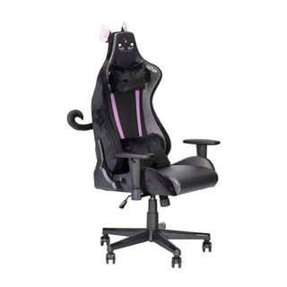Angled view of the black cat chair of your dreams. The side view of the cat chair clearly displays the clip on cat ears and clip on tail. It also a fluffy plush headrest and lumbar pillow. 