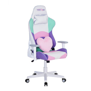 Angled view of the kawaii gaming chair, this cute gaming chair has white and pink with touches of blue and purple to match a variety of kawaii gaming setups. It includes a fluffy heart pillow as a lumbar pillows and a gorgeous iridescent trim. 