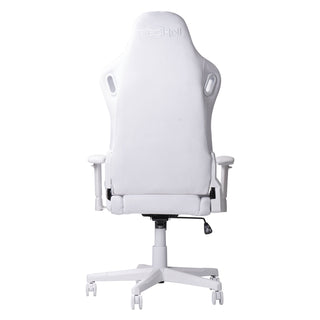 Back view of velvet white gaming chair by Technisport. The chair features white hardware including white base, passed arms and wheels. The techni sport logo is embroidered on the headrest. 