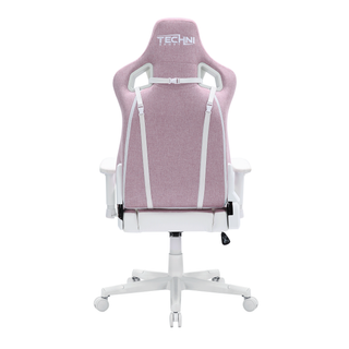 Back view of the pastel pink gaming chair. The techni sport logo is embroidered in white on the pastel mint fabric. 