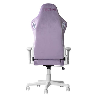 Back view of velvet purple gaming chair by Technisport. The chair features white hardware including white base, passed arms and wheels. The techni sport logo is embroidered on the headrest. 