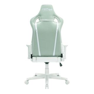 Back view of the pastel green gaming chair. The techni sport logo is embroidered in white on the pastel mint fabric. 