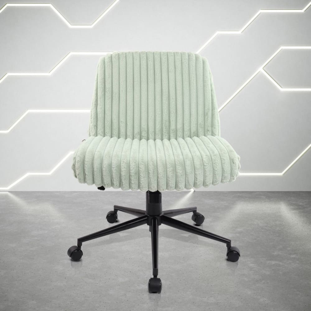 Light green ribbed velvet office chair with a black five-star base and casters.   