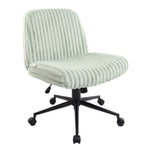 Light green corduroy swivel office chair with black five-star base and casters.