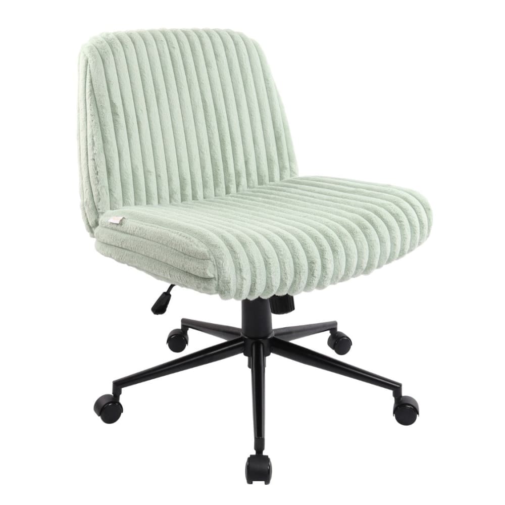 Light green corduroy swivel office chair with black five-star base and casters.
