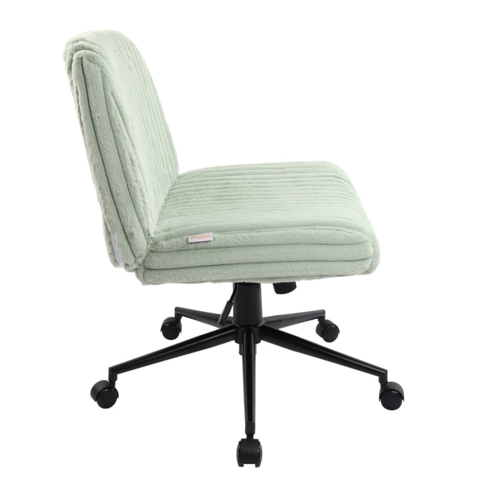 Side view of light green criss cross chair with a five-star black rolling base.  