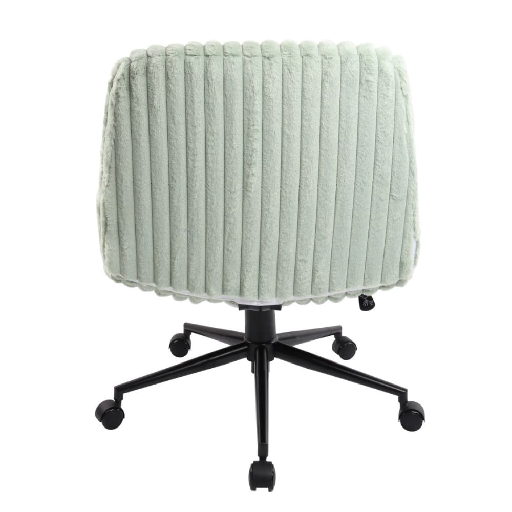 Light green, ribbed velvet desk chair with a black five-star base and rolling casters.