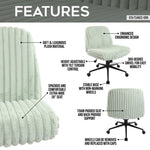Light green corduroy office chair with adjustable height and swivel.