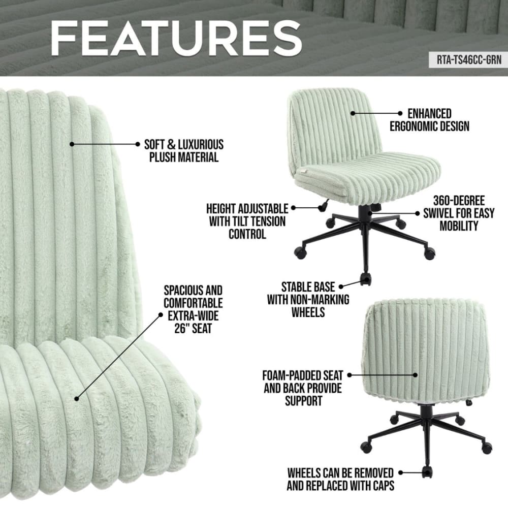 Light green corduroy office chair with adjustable height and swivel.