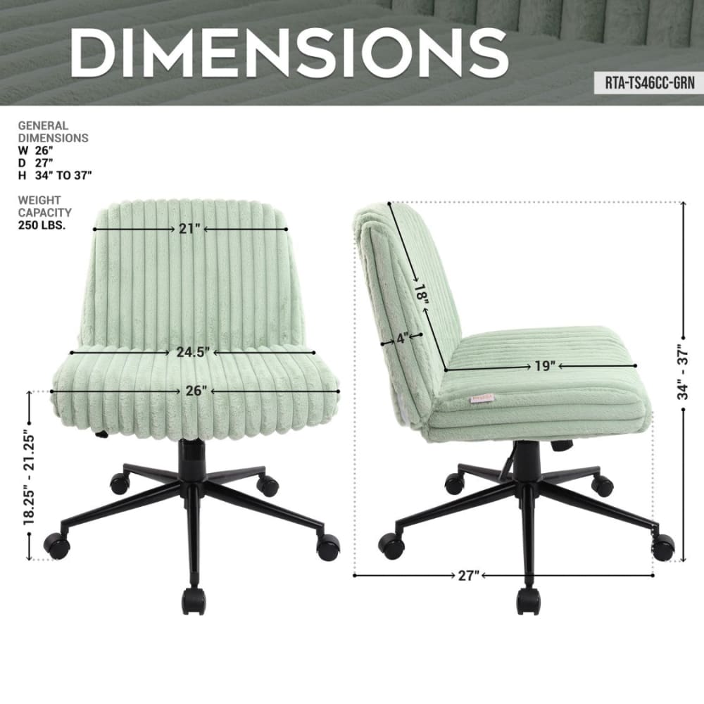 Mint green ribbed office chair with wheels and adjustable height.