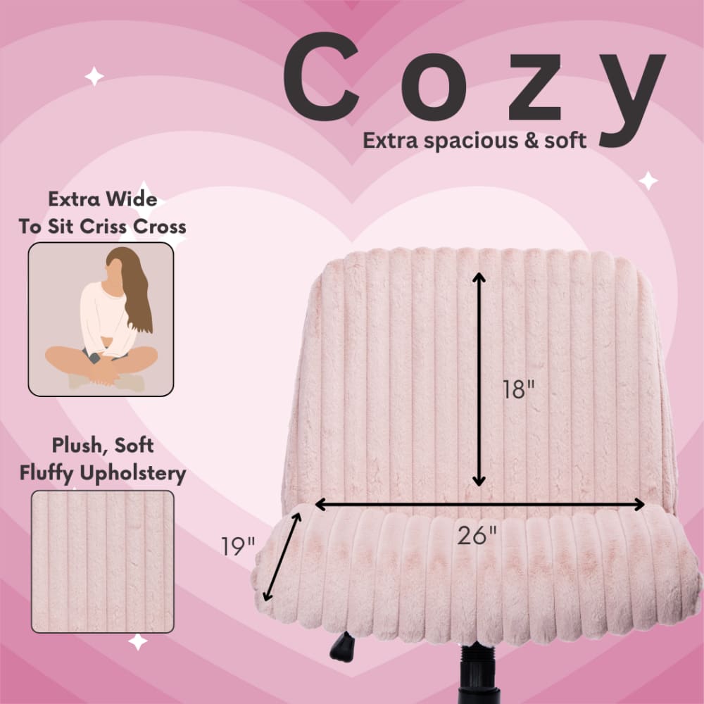 Pink plush office chair with dimensions.