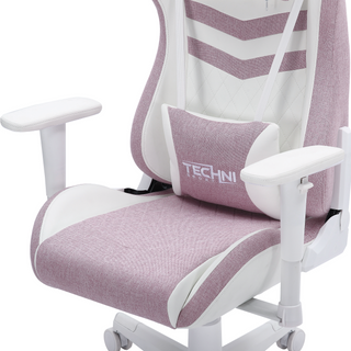 Close up view of the pastel pink gaming chair featuring a pastel pink fabric and white leather pu accents. 