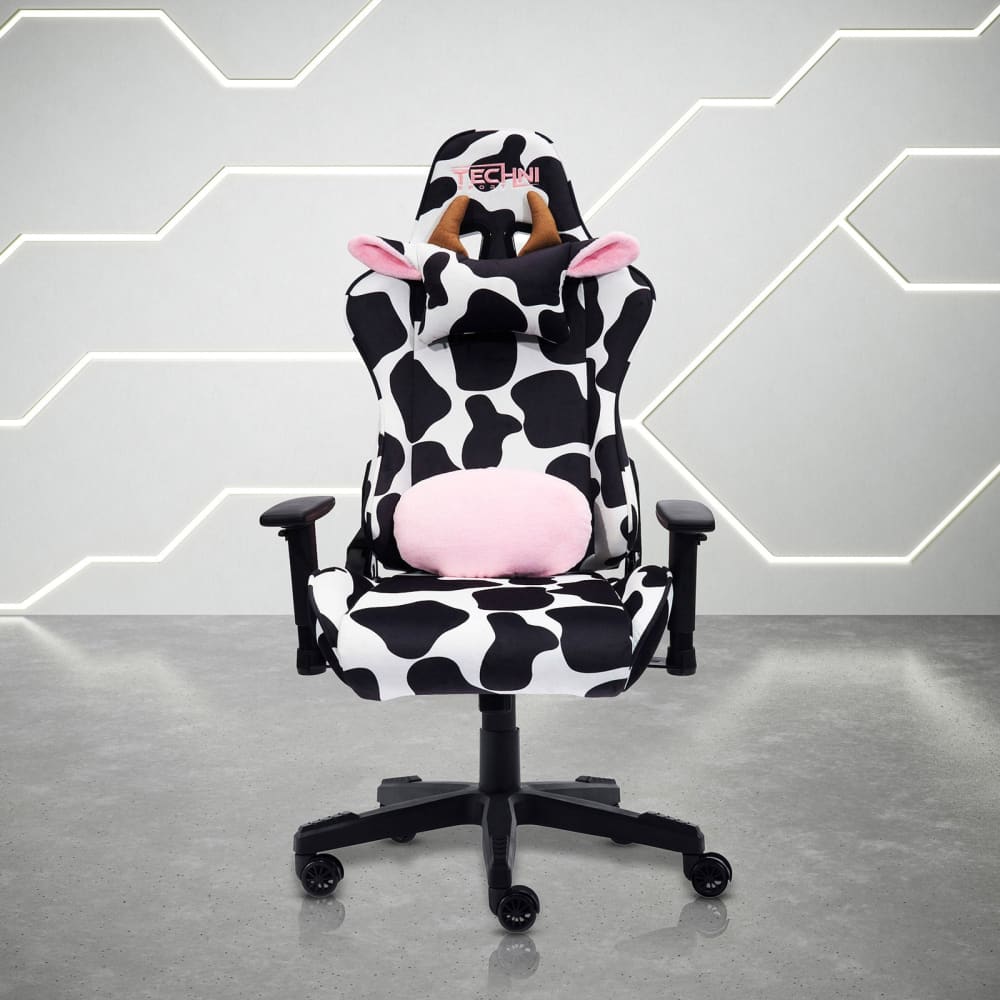 TechniSport cow gaming chair front view in modern home office setup