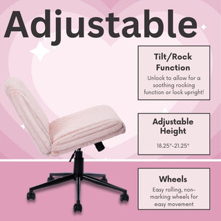 Adjustable office chair with tilt/rock function and wheels.