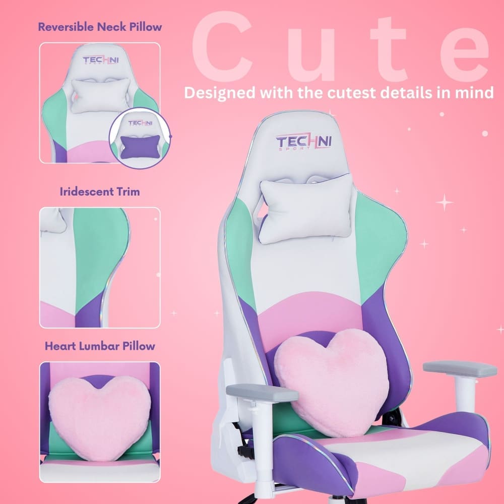 This cute gaming chair is perfect for kawaii gaming setups with features like heart lumbar pillow, light colors and iridescent trim. 