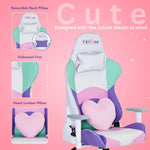 This cute gaming chair is perfect for kawaii gaming setups with features like heart lumbar pillow, light colors and iridescent trim. 