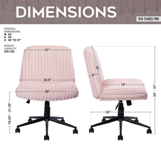 General dimensions of the pink criss cross chair with wheels. 