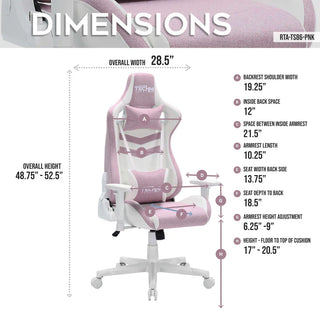 Dimensions of the pastel pink gaming chair. 