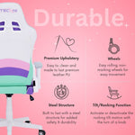 The kawaii gaming chair is cute, comfy AND durable! It boasts premium upholstery, steel structure and reasy rolling wheels. 