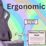 The purple velvet gaming chair has ergonomic features such as a memory foam seat, 2D padded armrests and full reclining features. 