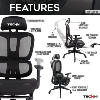 This black gaming chair with footrest, the Airflex 2.0 is packed with features. Including an open mesh seat & back, height adjustable padded arms, and most importantly a footrest that can be opened or tucked into the chair. This techni sport gaming chair also has a tilt & lock mechanism and built in mesh lumbar support. These features make it one of the best gaming chairs on the market without compromising aesthetics. 