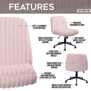 Features of the pink criss cross chair highlighting the soft & luxurious plush material. It has a spacious and comfortable extra-wide 26 inch seat.  The pink criss cross chair is also height adjustable with a tilting feature and includes wheels making it a cute office chair option that lasts. 